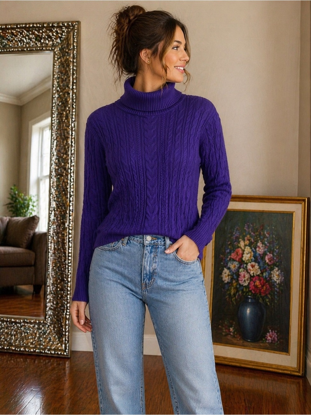 Lands' End Purple Cable-Knit Turtleneck Sweater